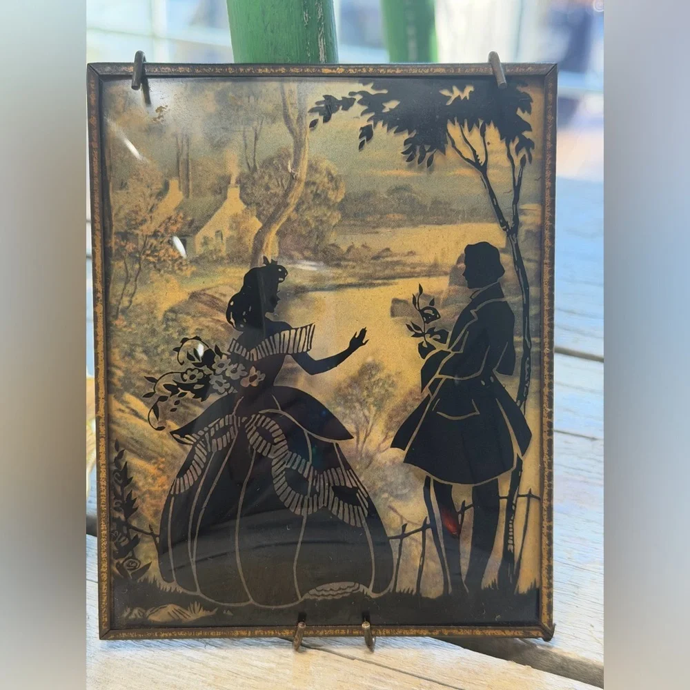 2 1940’s Convex Glass Victorian Art Pictures. Silhouette | Reverse | 4x5